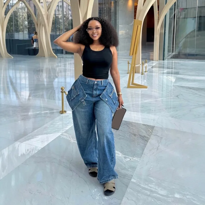 Dual Pocket Cargo Wide Leg Jeans High Waist Draped Loose Long Denim Trousers For Women