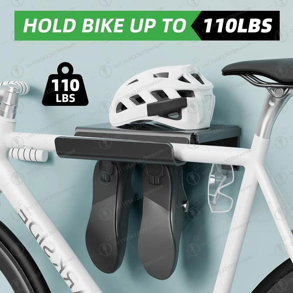 

Universal Bike Wall Mount Rack with Shelf and Hooks for Helmet Shoe Storage Indoor Garage Organization for Road Mountain Bicycle