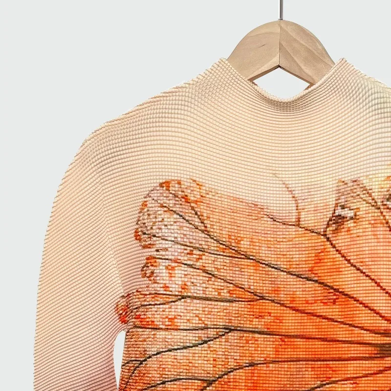 미야케 플리츠 여성용 긴팔 티셔츠 패션 프린트 우아한 하프 하이넥 풀오버 심플 핏 스트레치 플러스 사이즈 의류