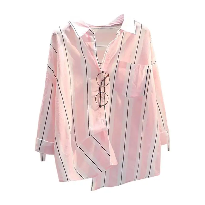 100% Pure Cotton Spring/summer New Striped Long Sleeved Shirt for Women Loose Fitting and Slimming Korean Version Shirt