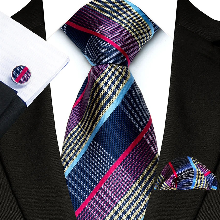 Mens 8CM Necktie Stripes Plaid & Check Wedding Tie For Men Hanky Cufflinks Necktie Set For Daily Wear Business Party Accessories