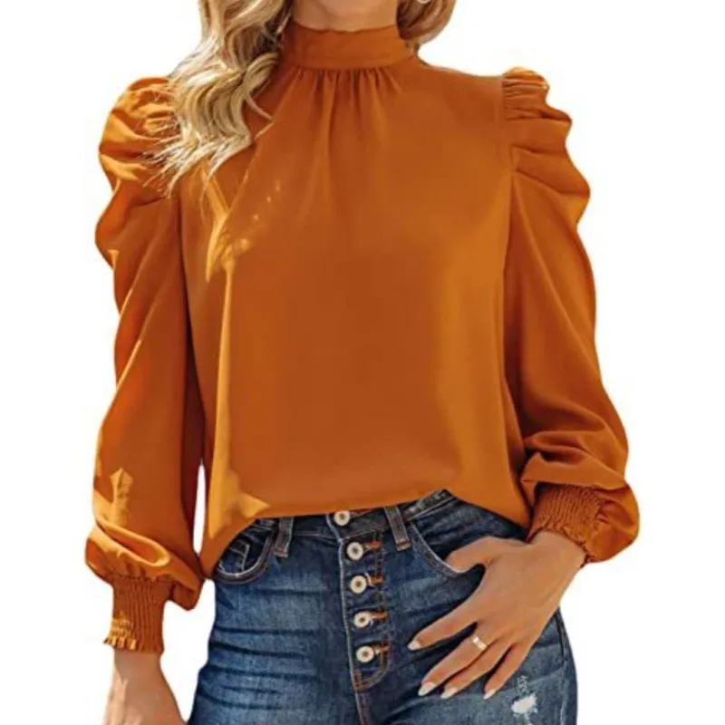 Women fashionable solid color long sleeved high necked bubble long sleeved casual loose T-shirt top high necked back tied shirt