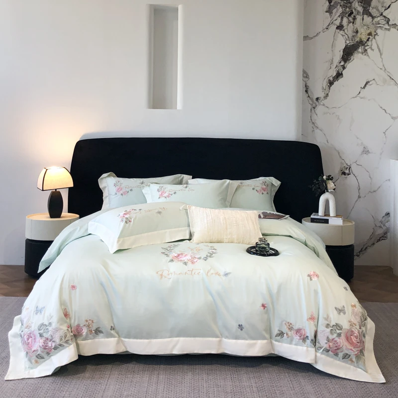 Exquisite Embroidered Bedding set Double Queen King 4Pcs Pure Long-Staple Cotton Soft Silky Bedsheets Duvet Cover Pillow Shams
