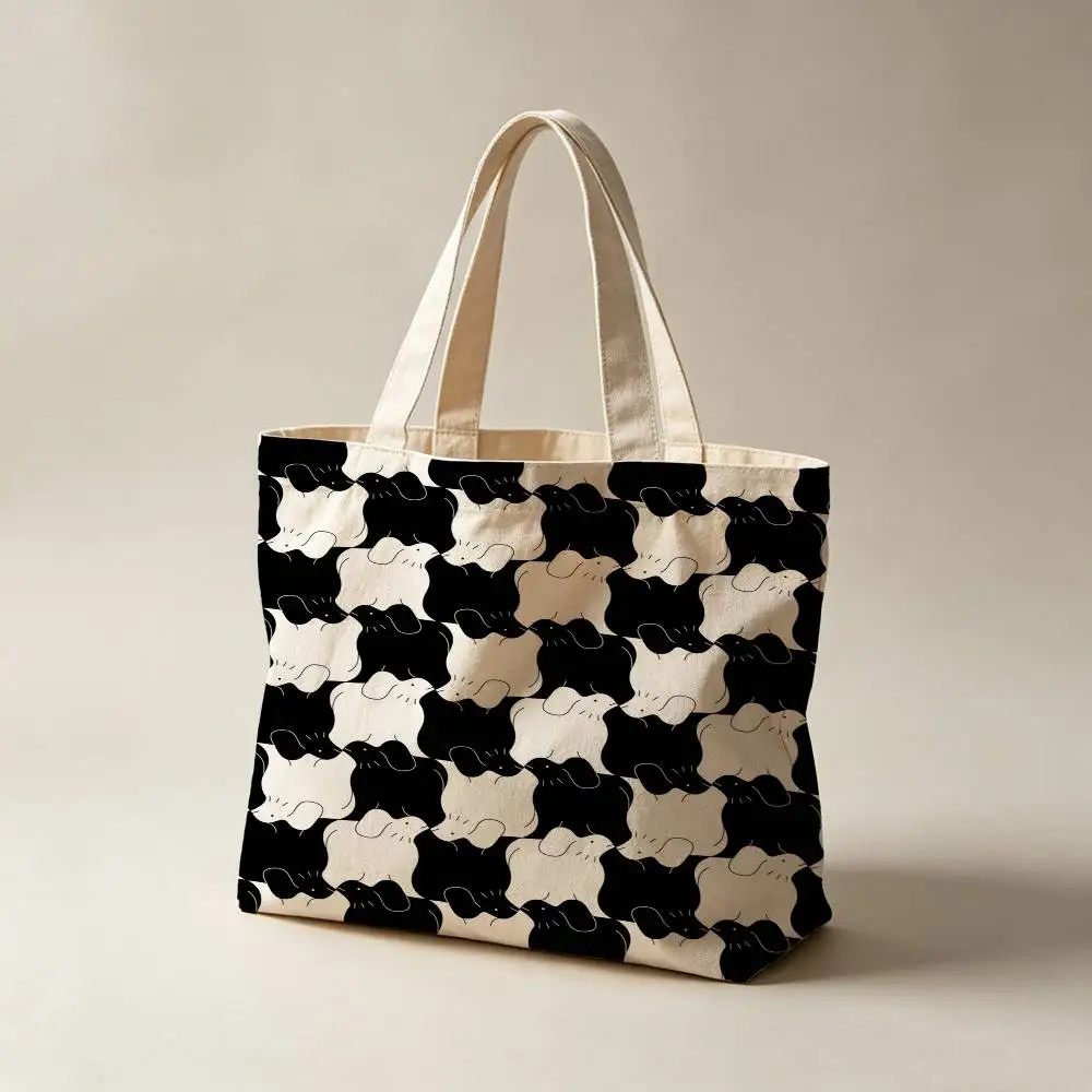 Fashion Black and White Canvas Tote Bag Waterproof Lining Large Capacity Reusable Shopping Bags Casual Student Daily Handbag