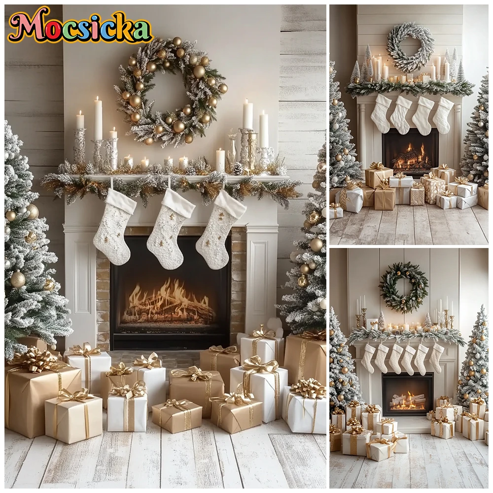 

Mocsicka Christmas Home Fireplace Photography Backdrop White Gold Holiday Mantel Gifts Stockings Background Family Photo Shoots
