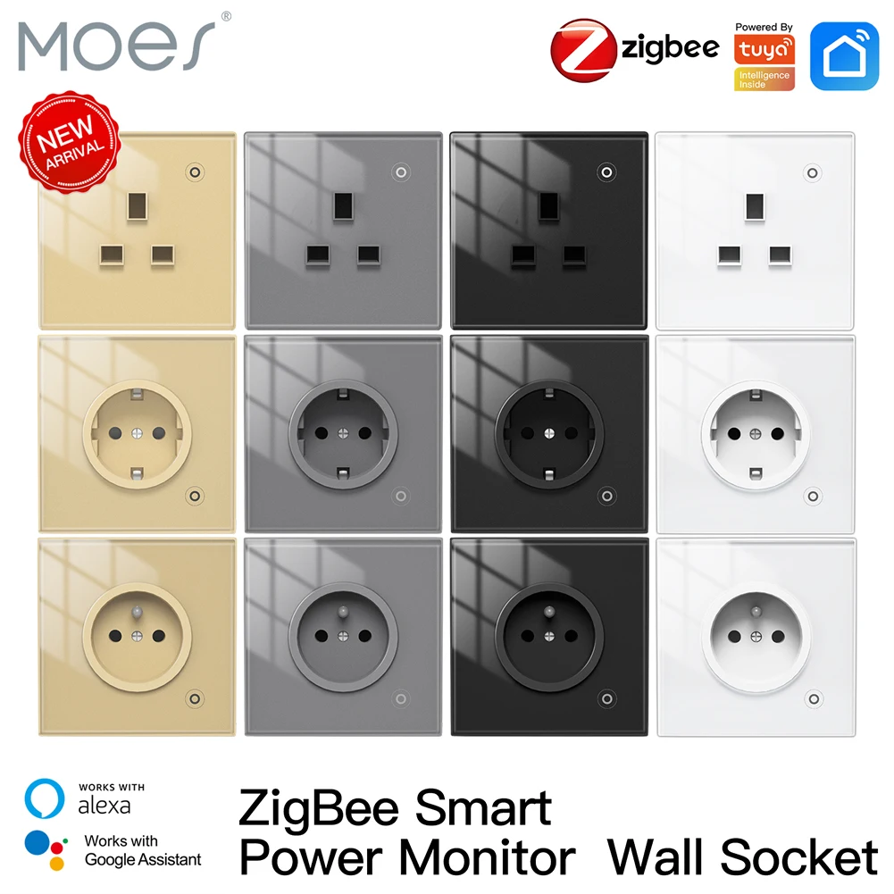 Moes-zigbeeスマートウォールソケット,ガラスパネルコンセント,電源モニター,ワイヤレスコントローラー,メッシュタイマー,alexa,Google Home,音声,uku,EU,メーカー