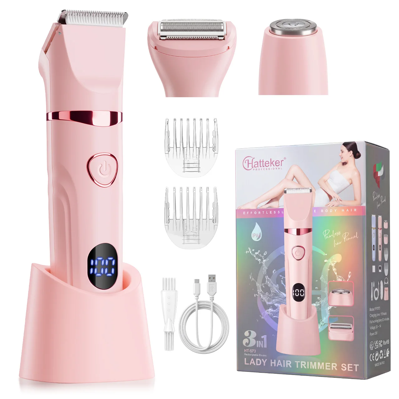 Hatteker New Ladies Three-in-One Electric Hair Remover Shaver Portable Full Body Washable LCD Digital Display Hair Trimmer