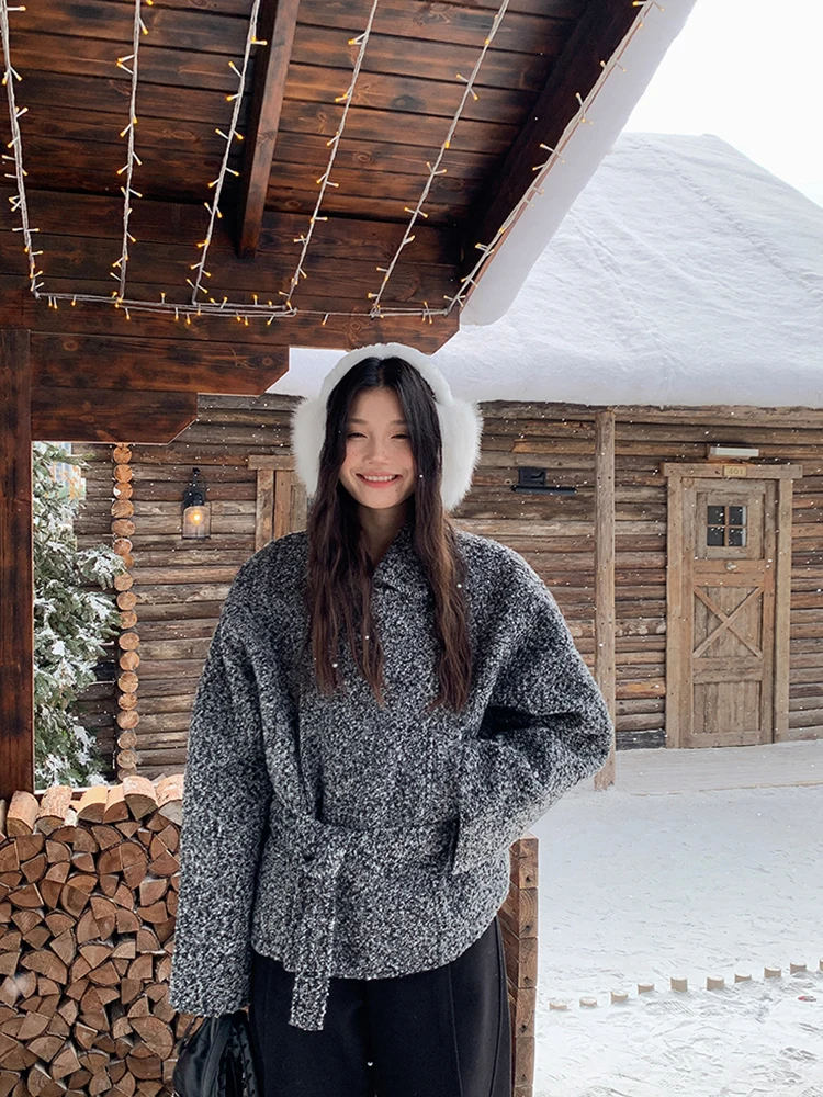 

Masalady Studio Snowflake Pattern Lapel ort Coat Loose Woolen Jaet Women's Faion Commute Sle Long Sve Polyester