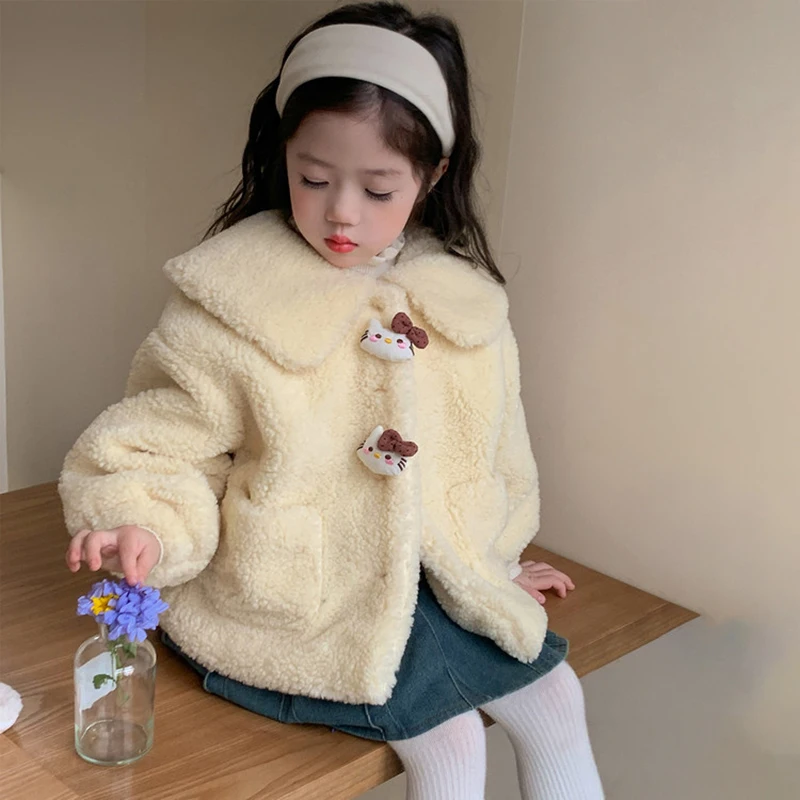 

Детское пальто из овечьей шерсти для девочек, модная утепленная хлопковая куртка с воротником с лацканами, осень-зима 202, милая верхняя одежда с рисунком Hello Kitty