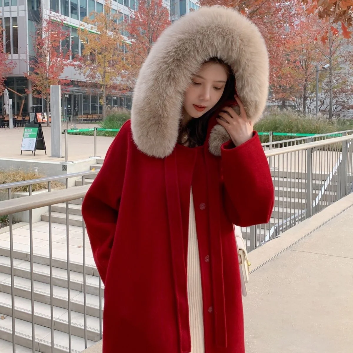 2026 Little Witch Autumn And Winter Extended Big Fox Fur Collar Loose Korean Version Wool Coat Hooded Jacket Women