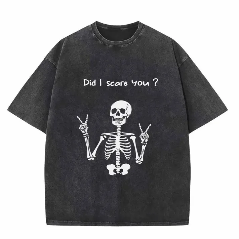 Did I Scare You Skull Graphic T-shirt Grunge Aesthetic Streetwear Unisex Oversized Summer Cotton Acid Wash Tee Clothing Tops