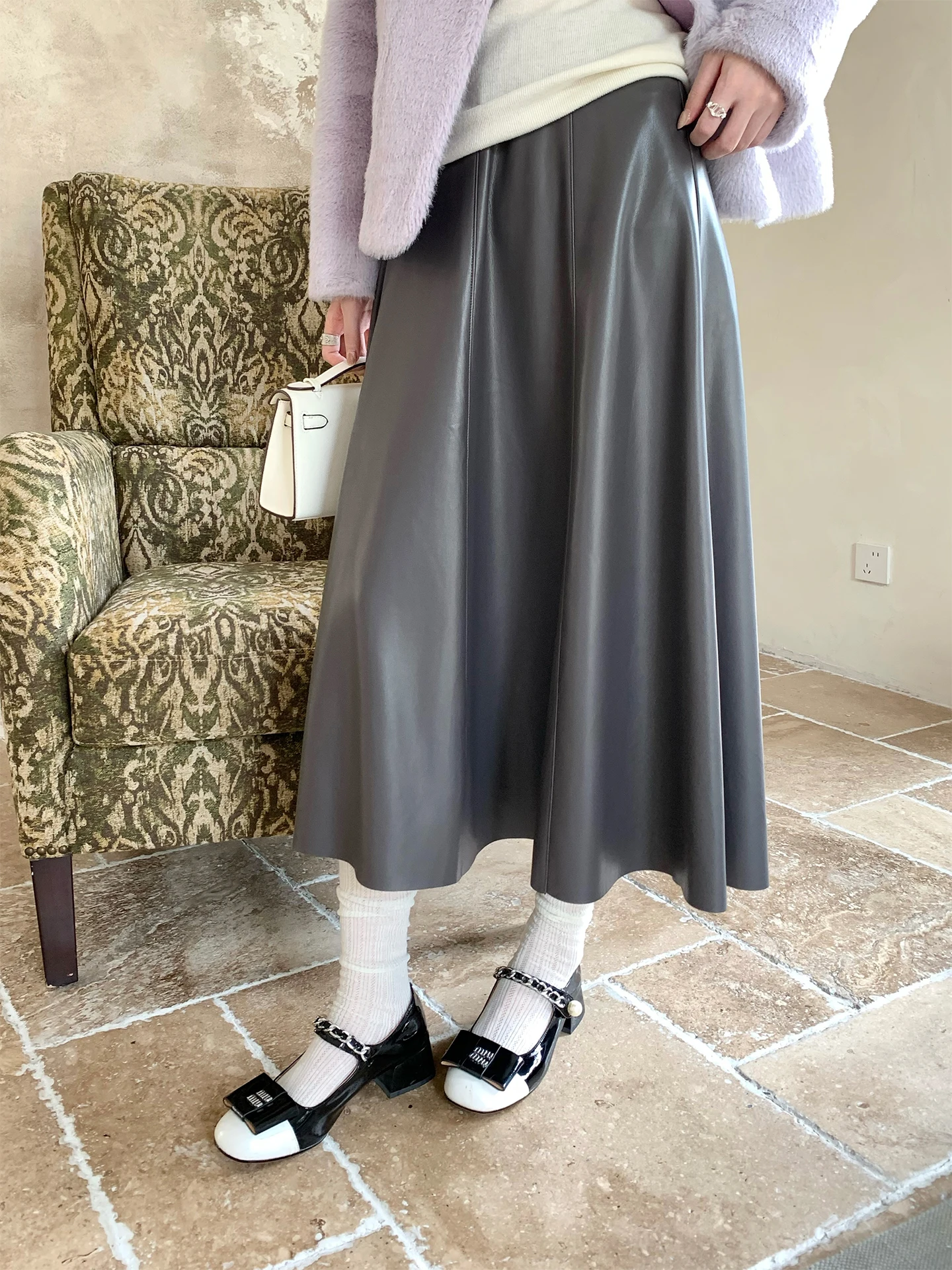 

Ele Sister INON Faux Leather f Skirt Warm Fce Lined Eight Pieces A-Line Umbrella Skirt for Women High Waist Korea...