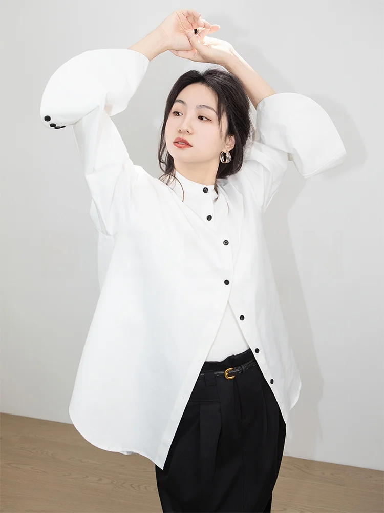 

Belin Cotton Button up Loose Women's irt Small High Collar Casual Innerwear Outerwear White Long Sve Office Sle