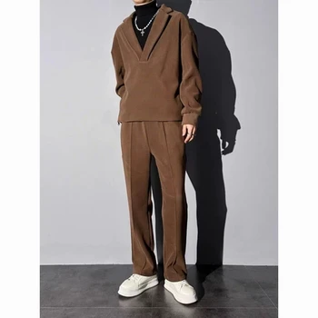 2025 Yeni Sonbahar Ince Trendy Rahat Takım Elbise erkek Giyim Uzun kollu Kazak Kazak Çok Yönlü Pantolon Moda Iki parçalı Set