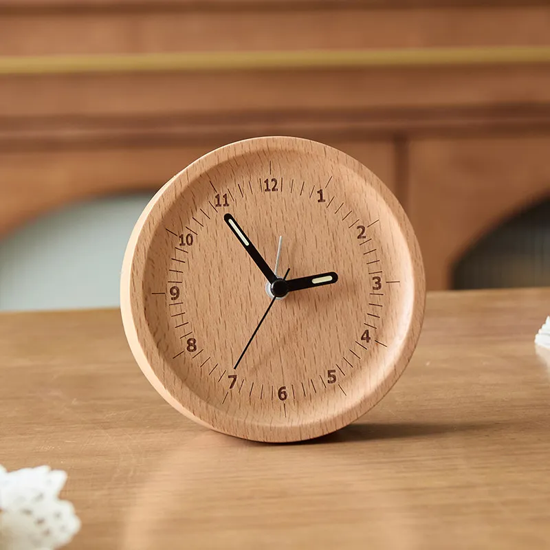 Wooden Small Desk Clocks Nordic Minimalist Table Clocks Stylish Silent Luminous Pointer Round Alarm Clocks Desktop Decoration