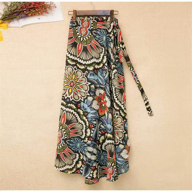 2026 Summer New High Waist Sari Style Wrap Waist Skirt Chiffon Belted Long Split Holiday Skirt Korean Style Commute Polyester...