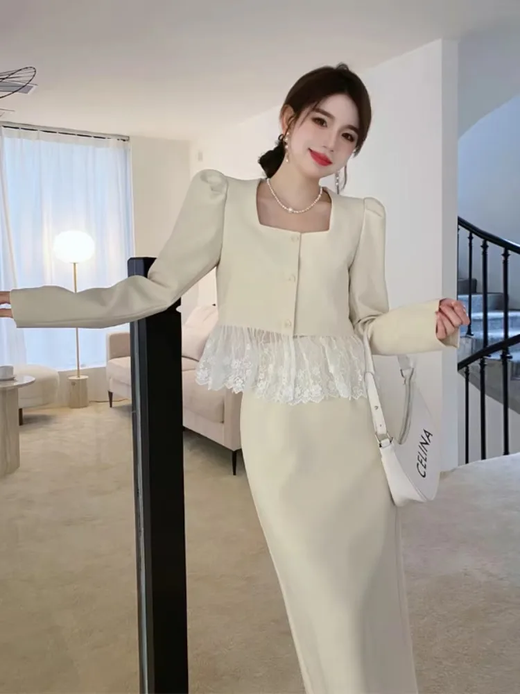 Insozkdg French Lace Stitching Design Square Collar Suit Jackets Spring Office Lady Short Tops + Long Skirt Two-piece Set Women