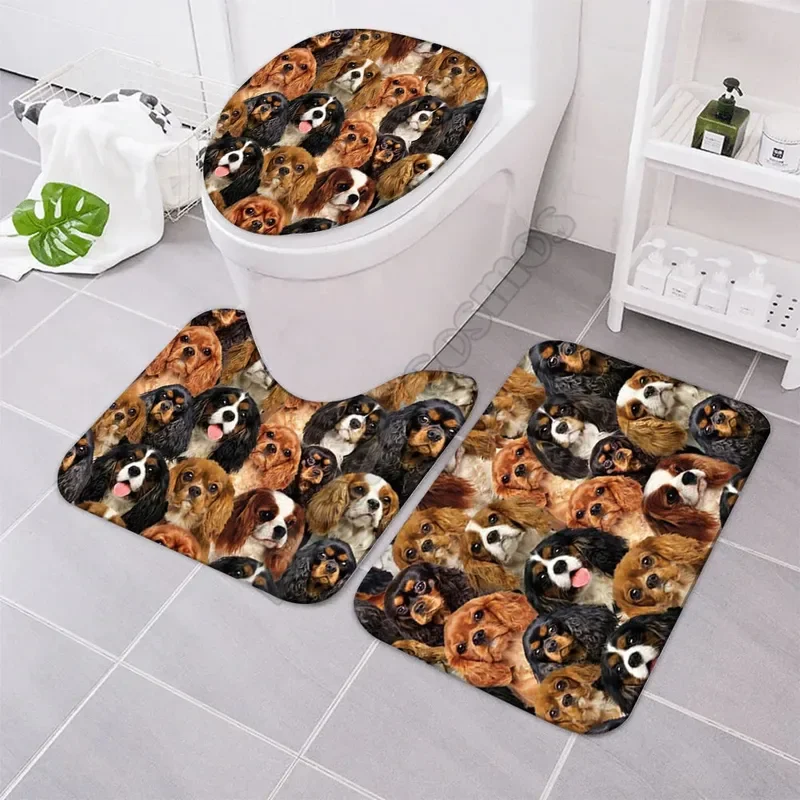 A Bunch Of Cavalier King Charles Spaniels Bathroom Mat Set Three-piece set 3D printed Lid Toilet Cover Bath Mat Set