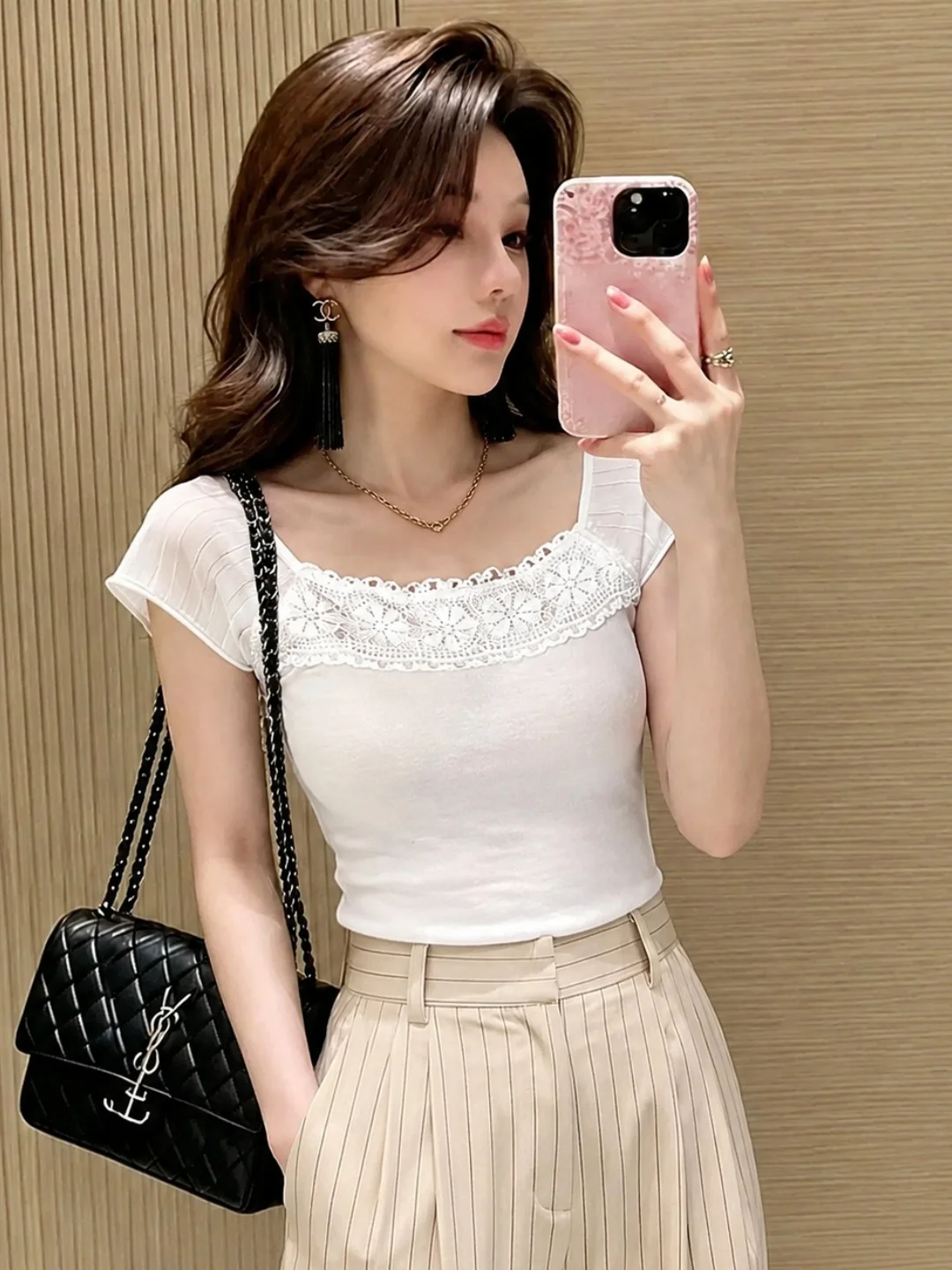 

Sweet Style Lace Square Collar Slim Fit Top Short Sleeve Women's Fashion Korean Version Summer Slimming Short Shirt