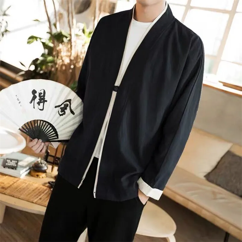 Black Gray Wine Red Cotton Linen Thin Cardigan Large Size Casual Loose Shirts Man Vintage Harajuku Cardigan Camisas de hombre