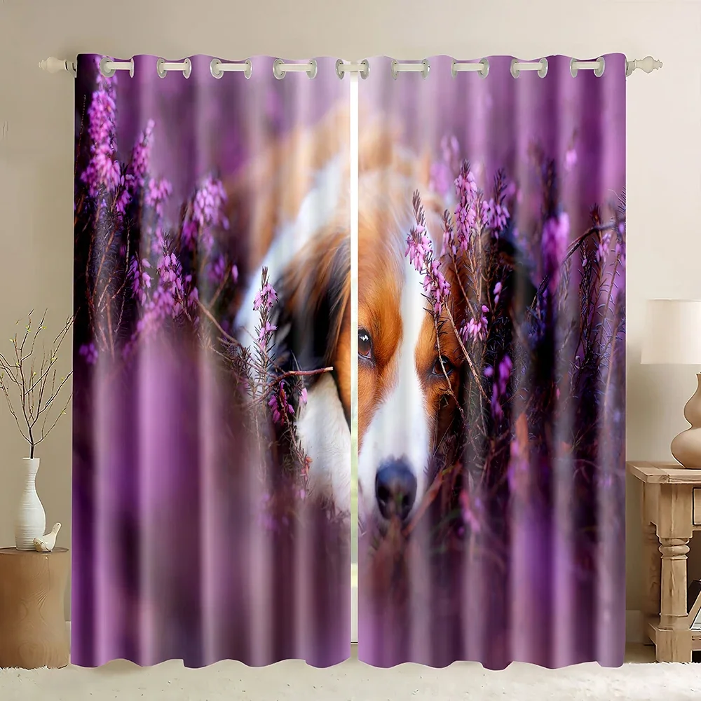 Dog Window Curtains Border Collie Dog Window Drapes,Purple Flower Curtain Panels Floral Field Pastoral Style Blackout Curtains