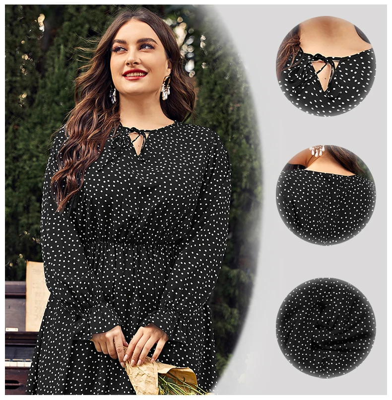 3XL 4XL Plus Size Women Clothing Elegant Long Sleeves Polka Point Female Maxi Dress Casual Travel Vacation Chiffon Dress