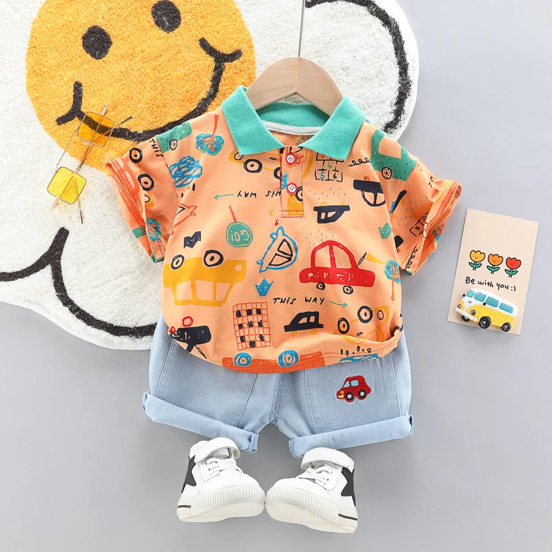 High-Quality Baby boys Polo Shirt + Handsome Denim Shorts 2-Piece Set Childs girls Clothing summer