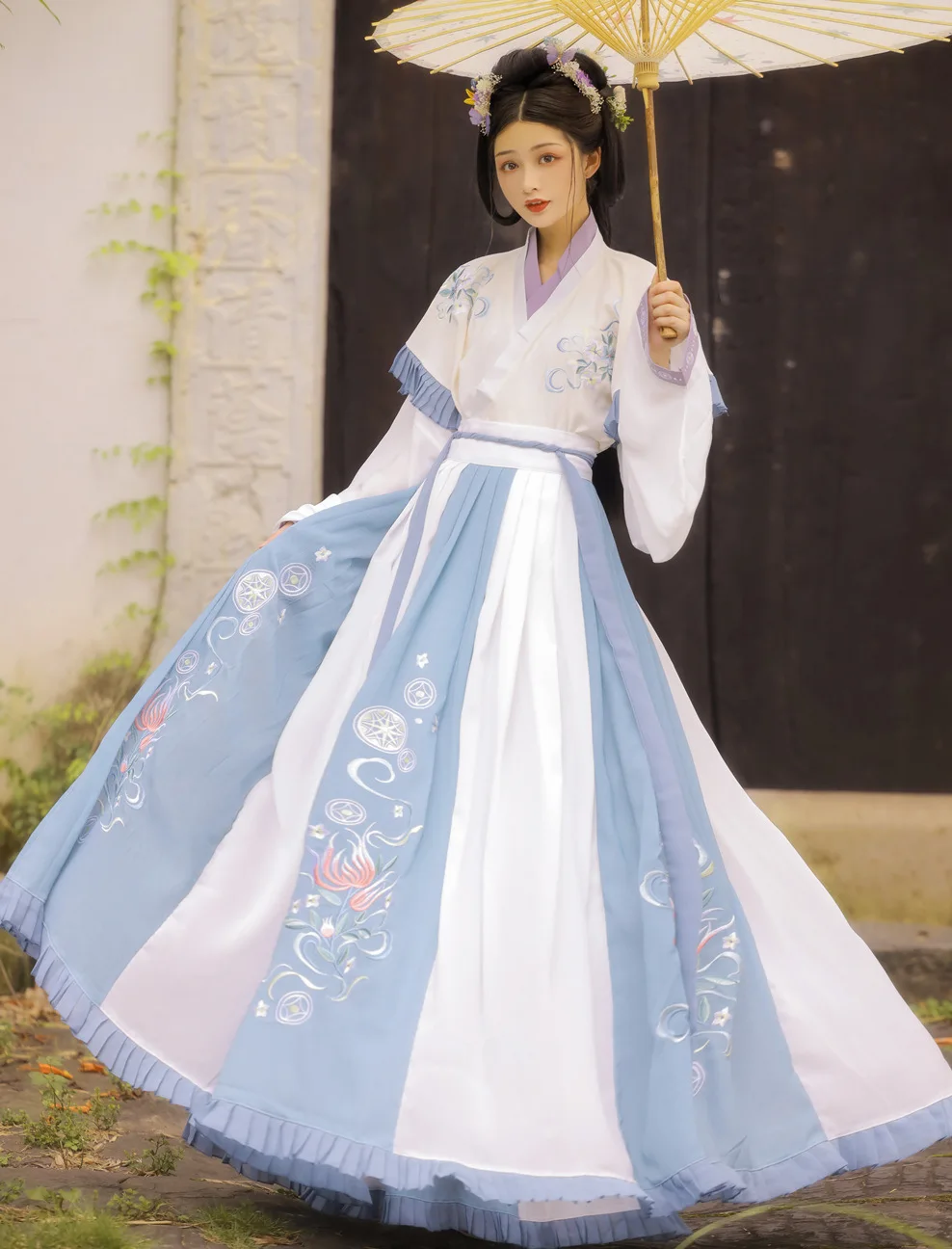 Женская юбка с вышивкой в китайском стиле Hanfu, длинная юбка с перекрестным воротником, осенне-зимний Полный комплект с рваной юбкой большого размера