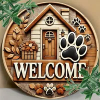 Charming 8x8 Inch Round Iron Welcome Sign Featuring a Cute Puppy Paw Print and House Design Ideal Wall Decor for Your Living