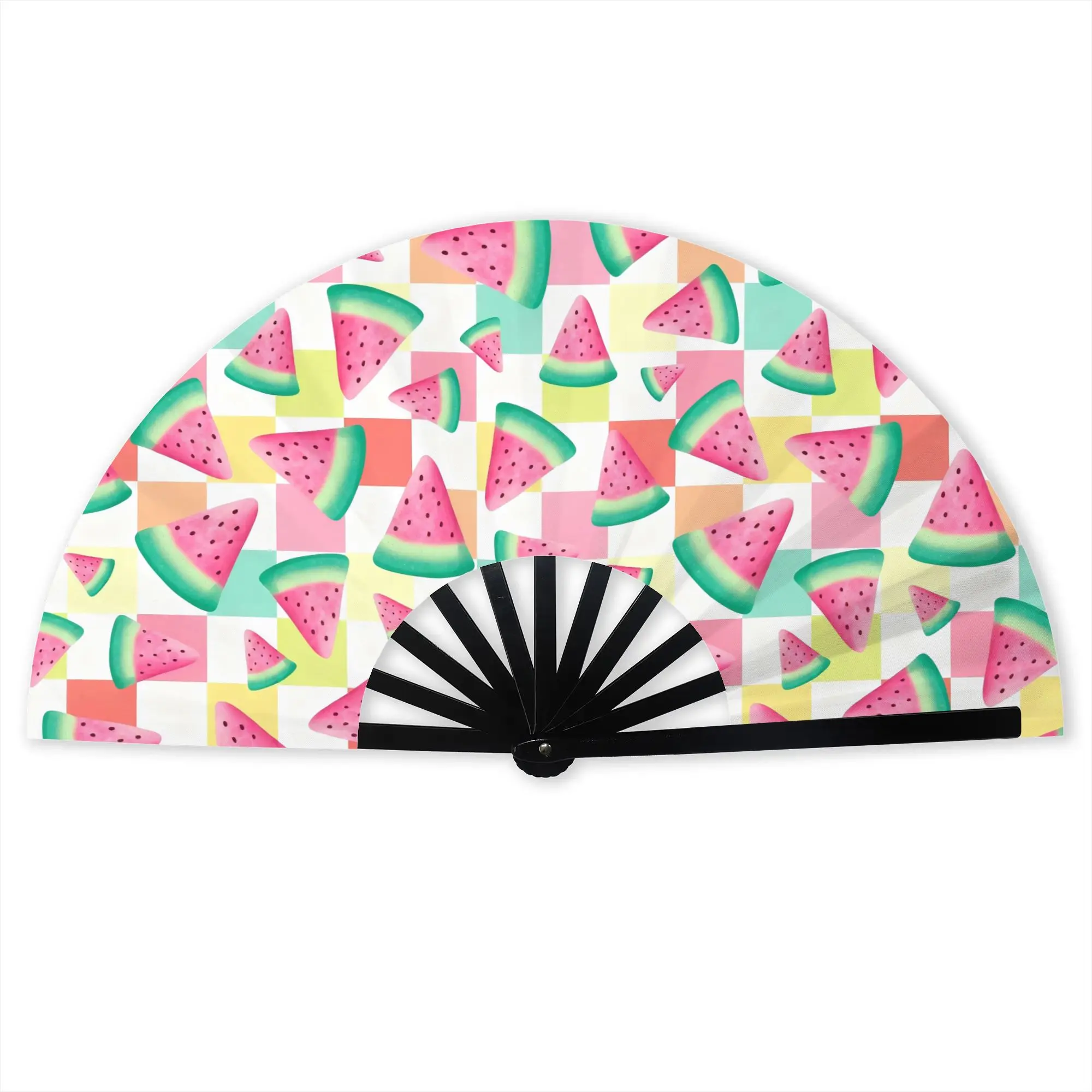 Watermelon Slices on Colorful Pastel Checkers Folding Hand Fan Tropical Fruit  Polyester Fabric Fan Accessory Decorative Fans