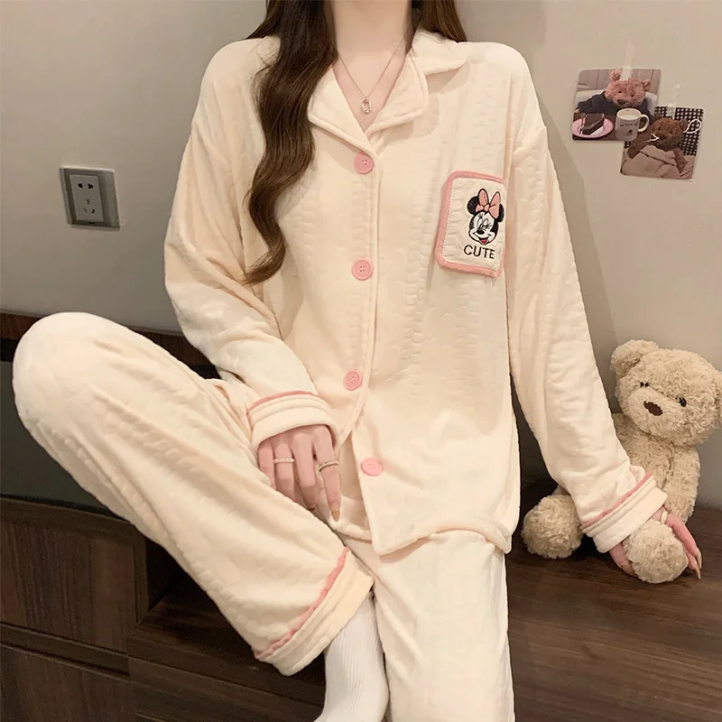 Disney Minnie autumn and winter island fleece warm long-sleeved women's pajamas cute cartoon lapel cardigan loungewear set