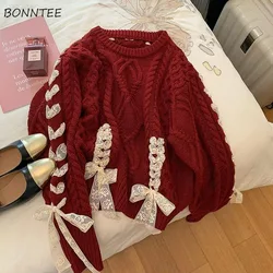 Red Pullovers for Women Bow Design Knitting All-match Loose O-neck Spring Autumn Clothing Korean Style Popular Casual New Chic