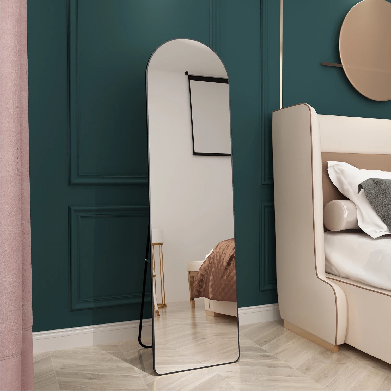 

The 4st generation of floor mounted full length mirrors. Aluminum alloy metal frame arched wall mirror, bathroom makeup mirror,