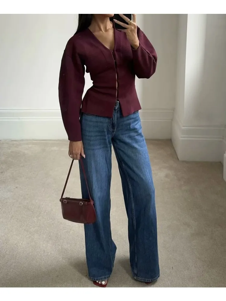 Women Vintage Chic V-Neck Long Sleeve Claret Knit Suit Female Casual Solid Loose Cardigans Sheath Skirt Fashion 2024 Autumn Suit