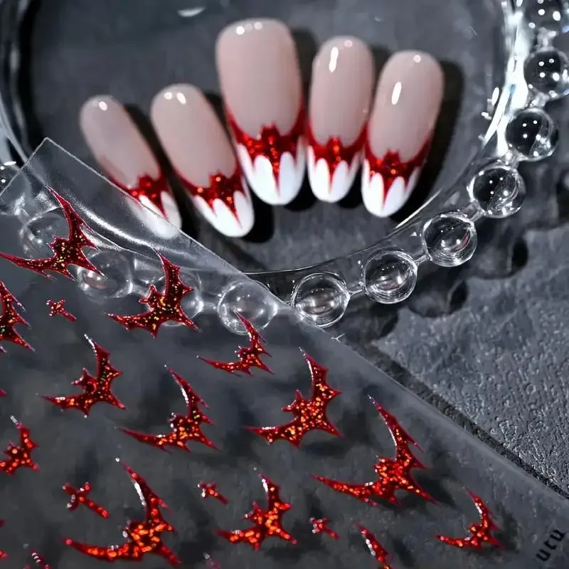 1sheet Halloween  Dazzling Laser Gothic Dark Bat Cross Adhesive Nail Art Stickers Decals Manicure Shiny Red Silver Black Charms