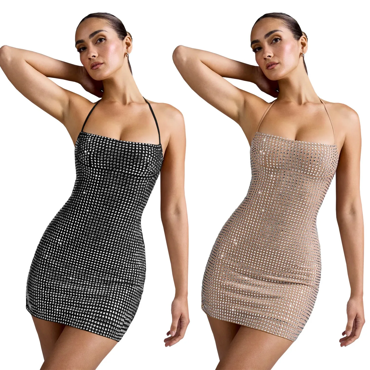

Sexy Nightclub Party Dance Gathering Club Banquet Casual Halter Neck Rhinestone-Embellished Arm-Covering Dress Short Skirt