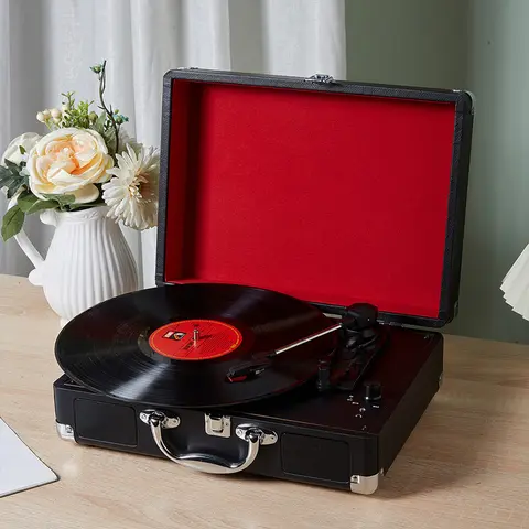 Vintage Portable Handheld Vinyl Record Player Turntable Three Speed Adjustable Ruby Stylus Bluetooth 5.0 Cube Sound Speakers