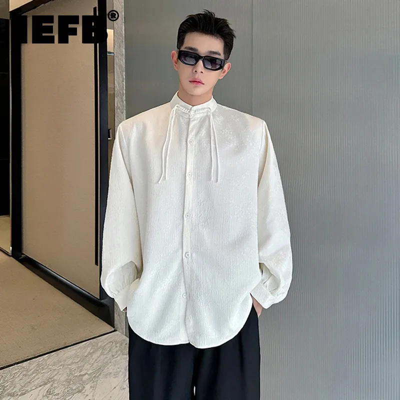 

IEFB New Chinese Style Men's Shirts Stand Collar Knot Button Male Trend 2024 Autumn Lace-up Single Breasted Long Sleeve 9C5318