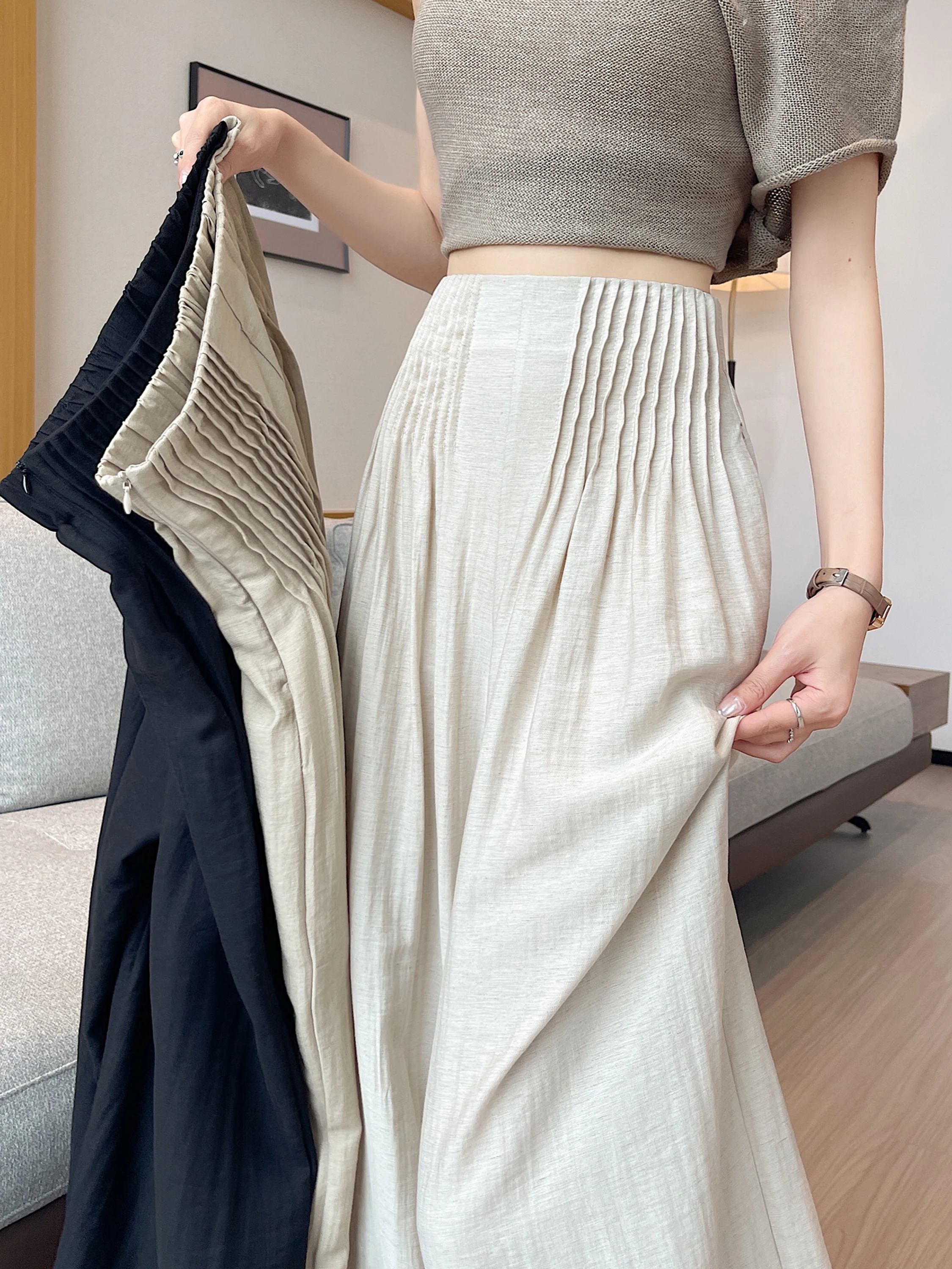 

Ice Silk Cotton Linen Wide Leg Pants Skirt High Waist Loose Slim Casual Drapey Versatile Thin Style Commute Fashion Pure Color