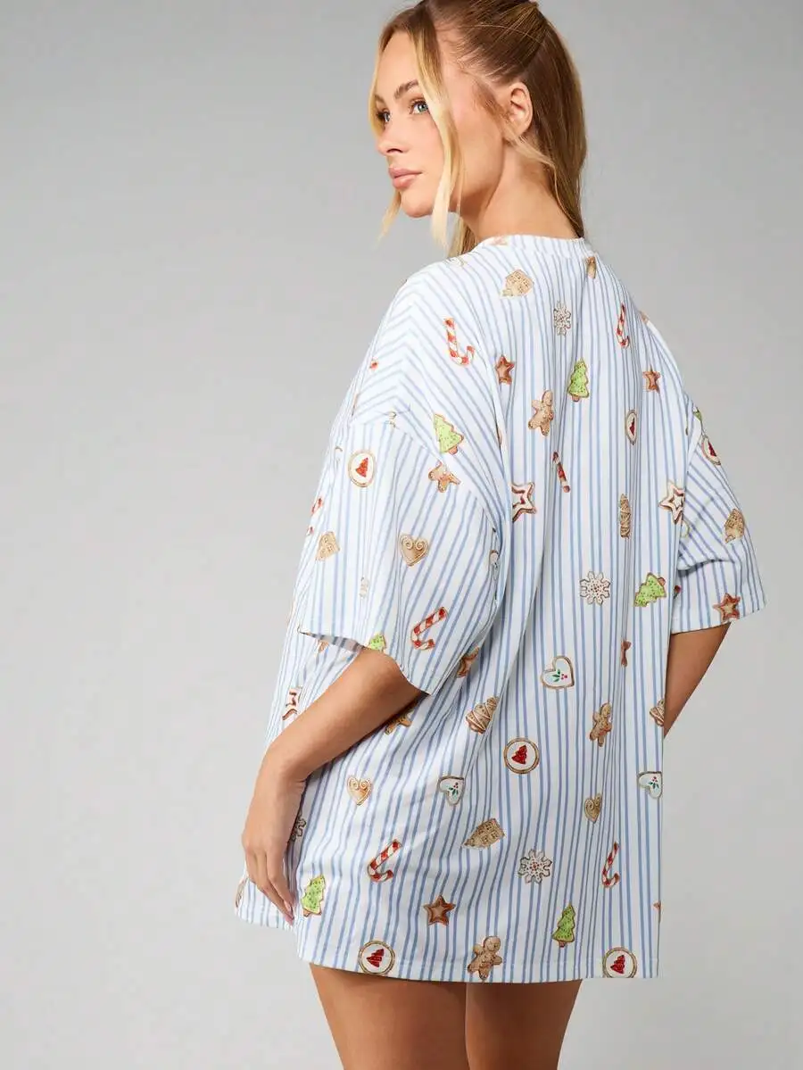 Oversized Christmas Sleep Shirt With Gingerbread Cookie Print Striped Pajama Top For Women