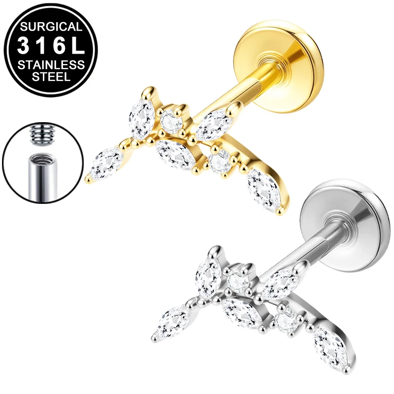 316L Stainless Steel Stud Earrings, 16G Flatback Labret Internally Thread Leaves Shaped CZ Nose Stud Lip Ring for Sensitive Ears