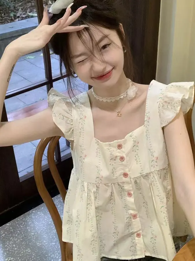 Floral Print Shirt 2026 New Women's Small Size Lace Trimmed Miniature Sleeve Top Summer Sleeveless Doll Shirt Square Collar