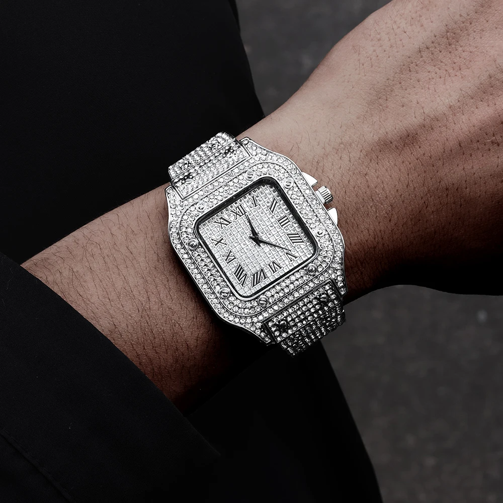 

Hip Hop Iced Out Men Watch Square Diamond Quartz Luxury Mens Wrist Watches Gold Roman Calendar Steel Clock Relogio Masculino