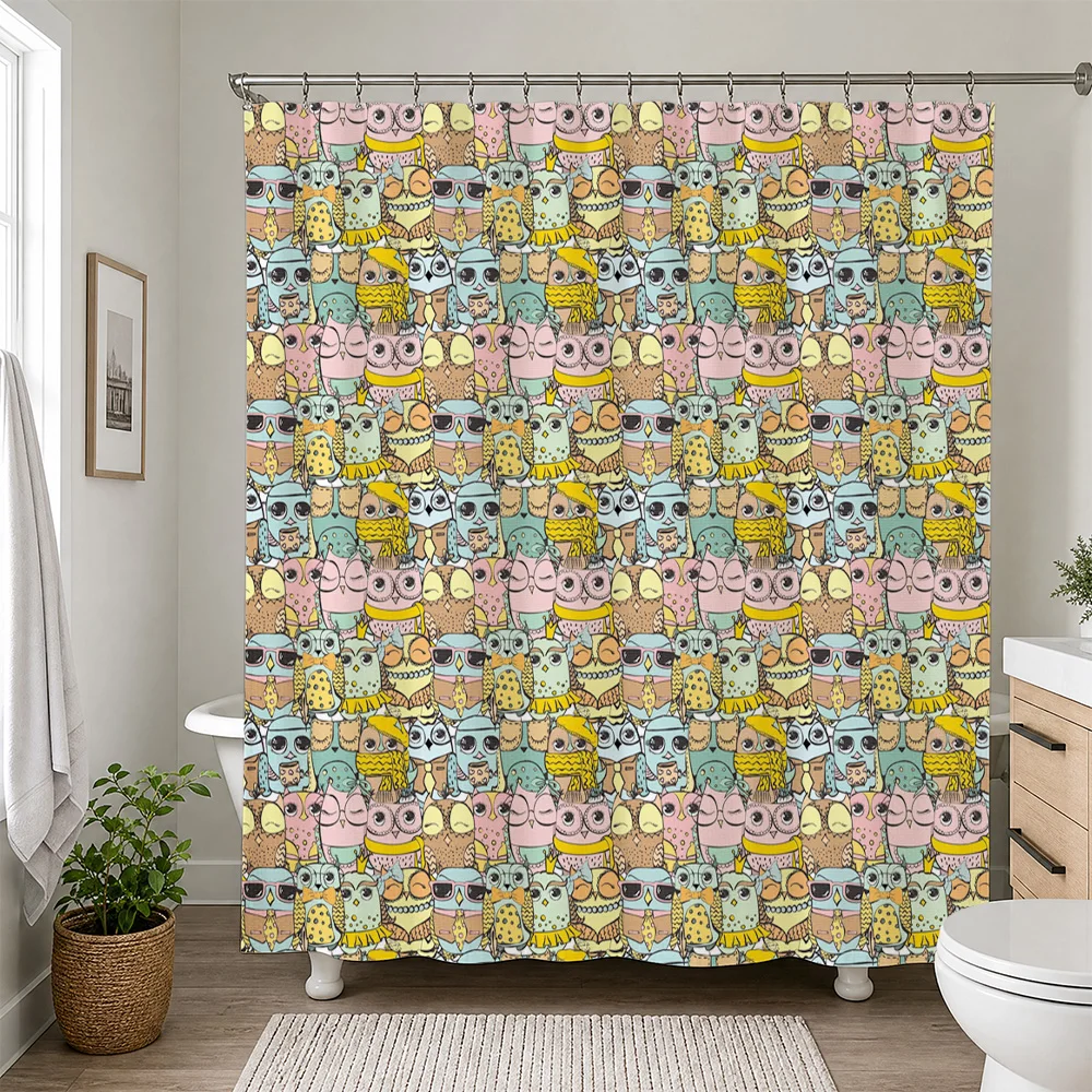 Waterproof Cartoon Owl Pattern Shower Curtain for Kids Bathroom Shower Liner Cute Whimsical Animal Print Home Decor Novelty Show