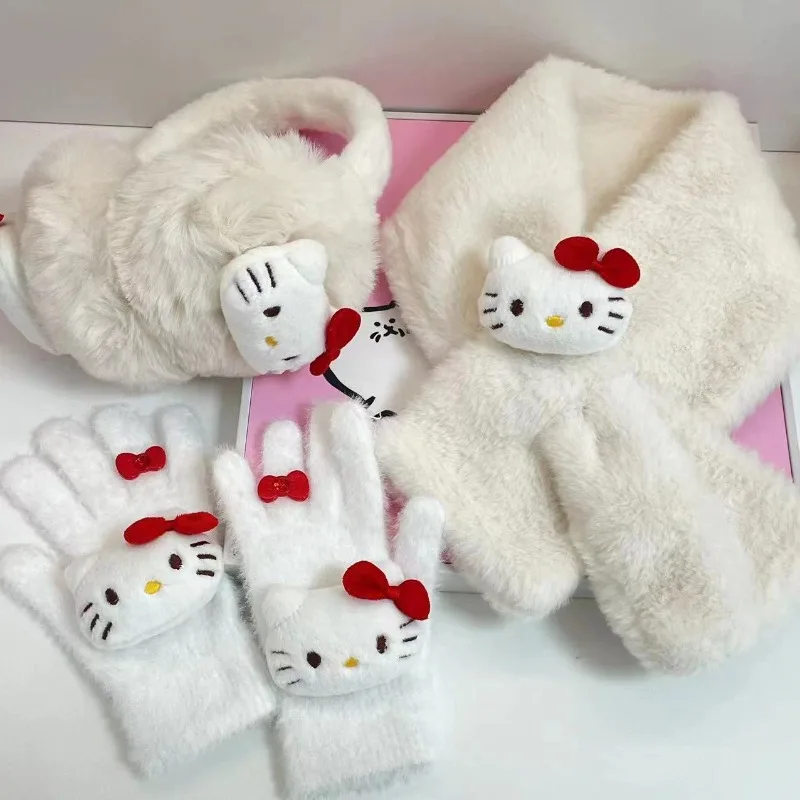 Cartoon Hallo Kitty Winter Hut Schal Handschuh Dreiteiliges Set Niedliche Plüsch Verdickung Warme Ohrenschützer Stich Pfote Handschuhe Weihnachtsgeschenke