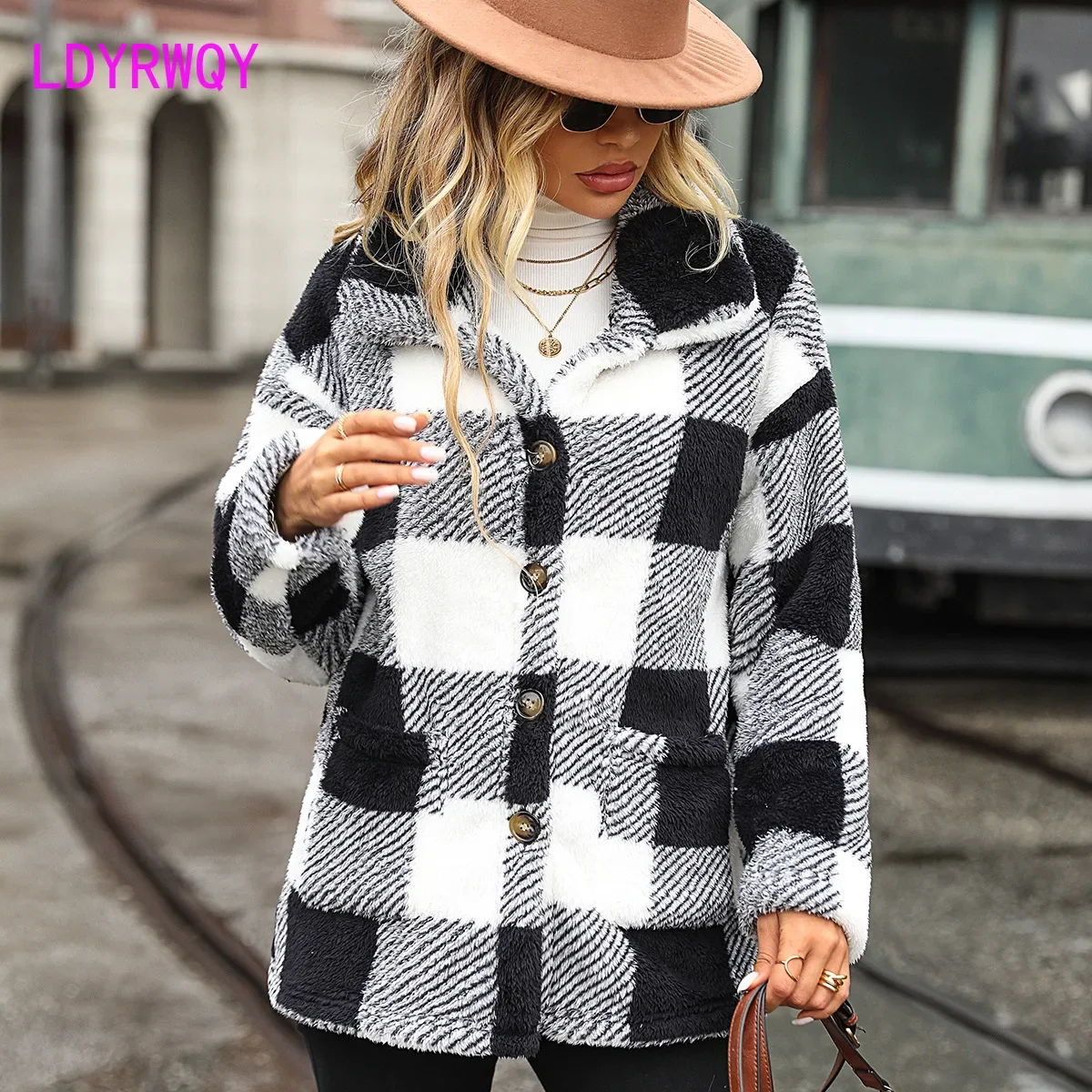 

Autumn and winter women's lapel long sleeved medium length plaid single breasted double-sided velvet casual coat