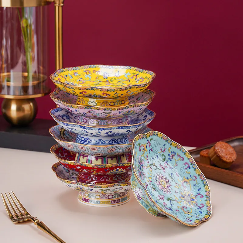 Enamel-painted High-leg Plate 5 inches Household Serving Plate Nut Table Decoration Snack Jingdezhen Ceramic
