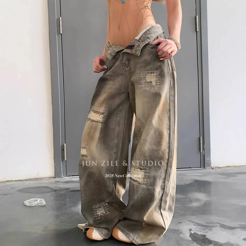 

Women Jeans Set 2026 Spring New Retro Vibe Jeans Women's Distressed Wash Wide Leg Straight Leg Denim Pants Women Camisole Set