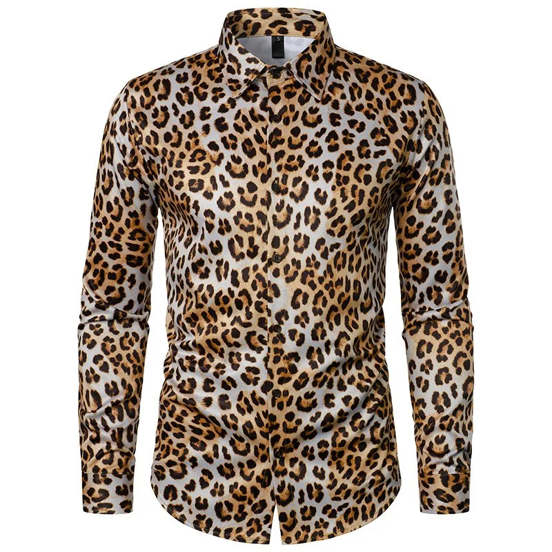 2024 New Men's Leopard Print Disco Retro Long Sleeved Shirt for Foreign Trade, Fashionable Slim Fit Shirt