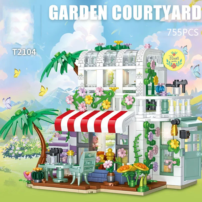 Creative City Street View Building Block With Light Garden Courtyard Bricks Flower House Streetscape Toy Collection For Gift